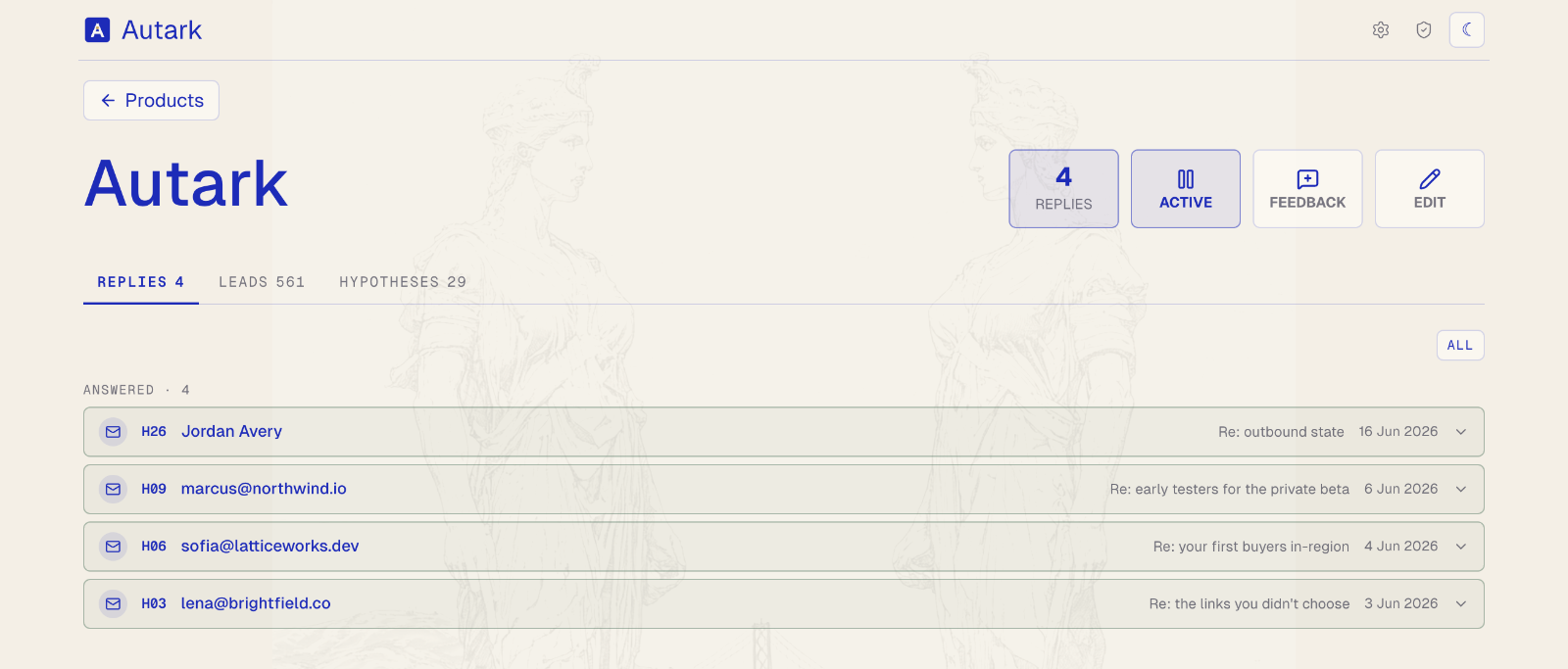 The Autark dashboard, incoming replies with 561 leads and 29 hypotheses in flight